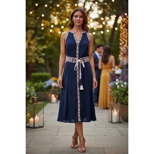 Tory Burch Navy Embroidered Midi Dress Linen Tassel Luxury Mediterranean Sz 2